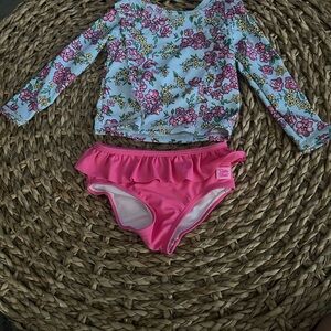 Ruffle Butts Floral Rashguard Set - Pink and Blue